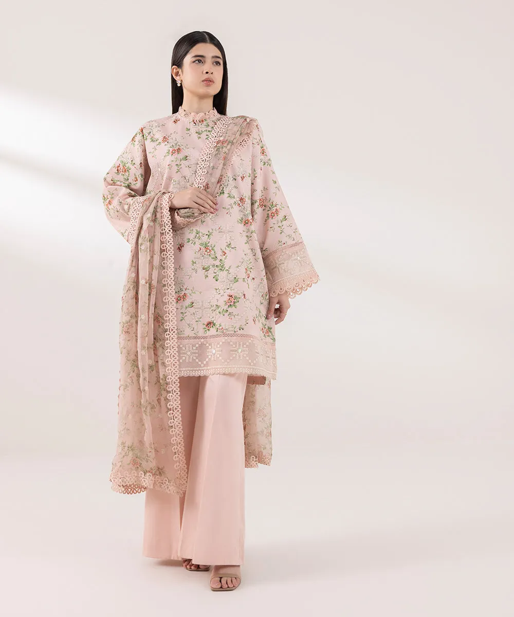 3 Piece - Embroidered Cotton Satin Suit