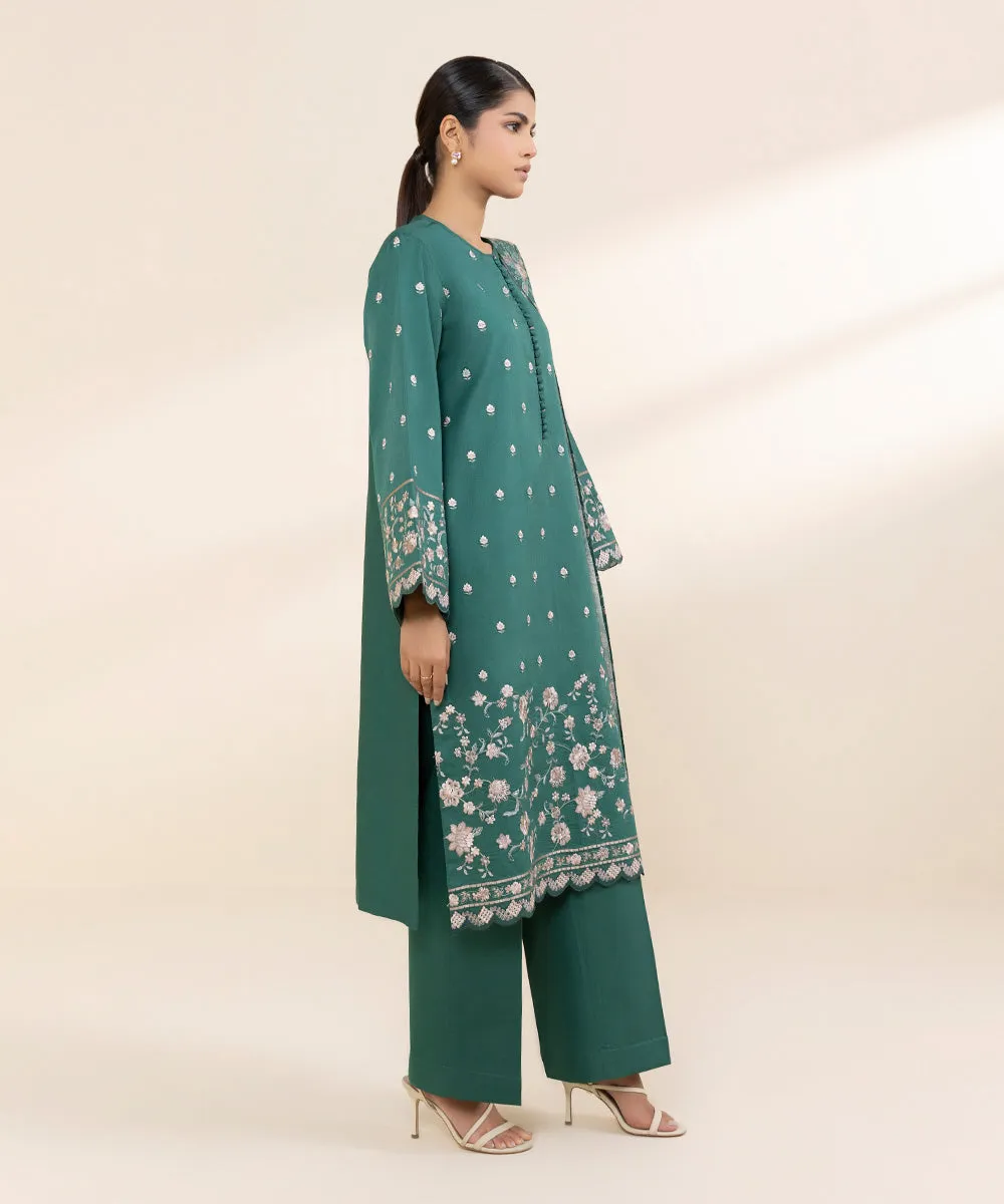 3 Piece - Embroidered Cotton Satin Suit