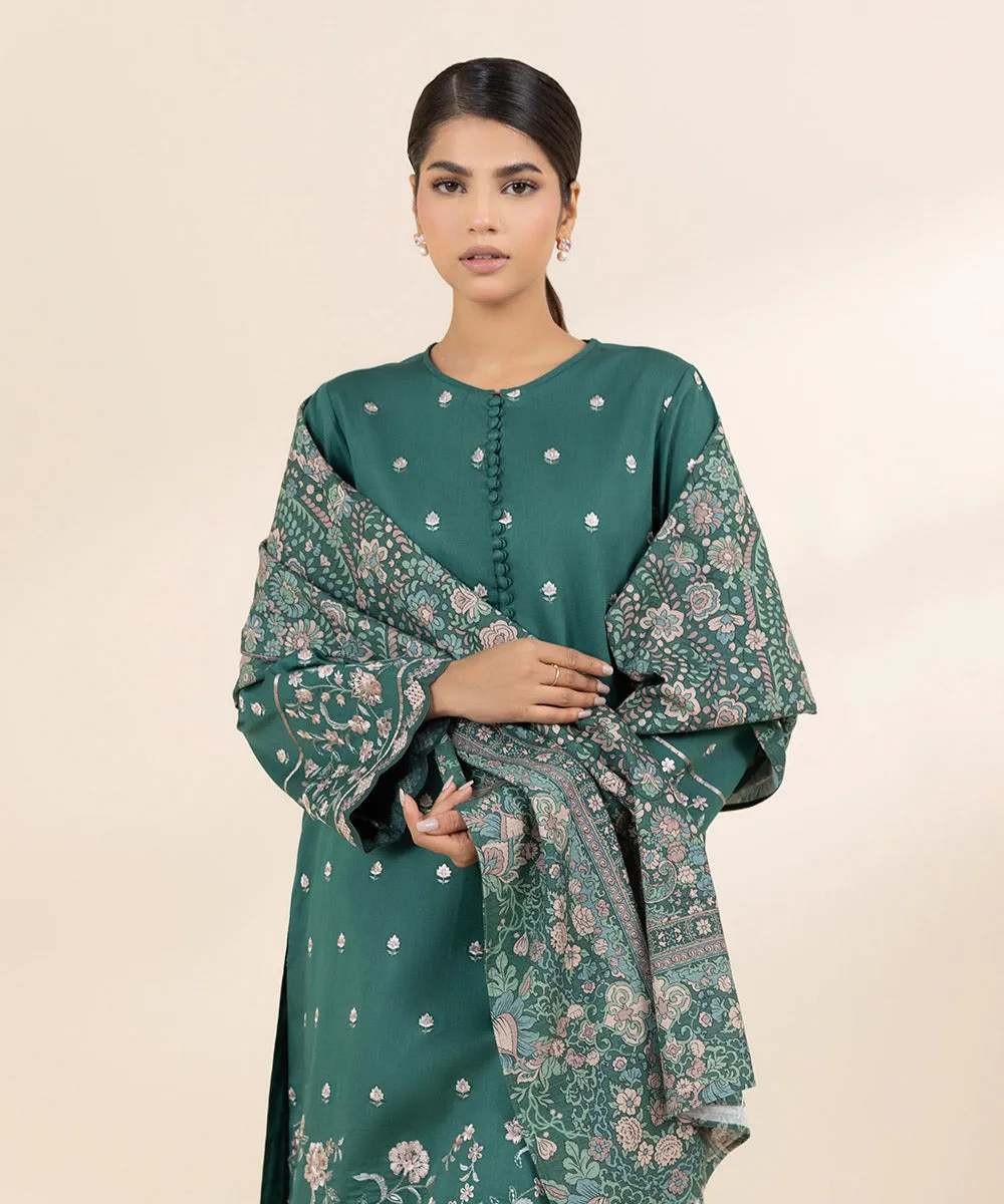 3 Piece - Embroidered Cotton Satin Suit