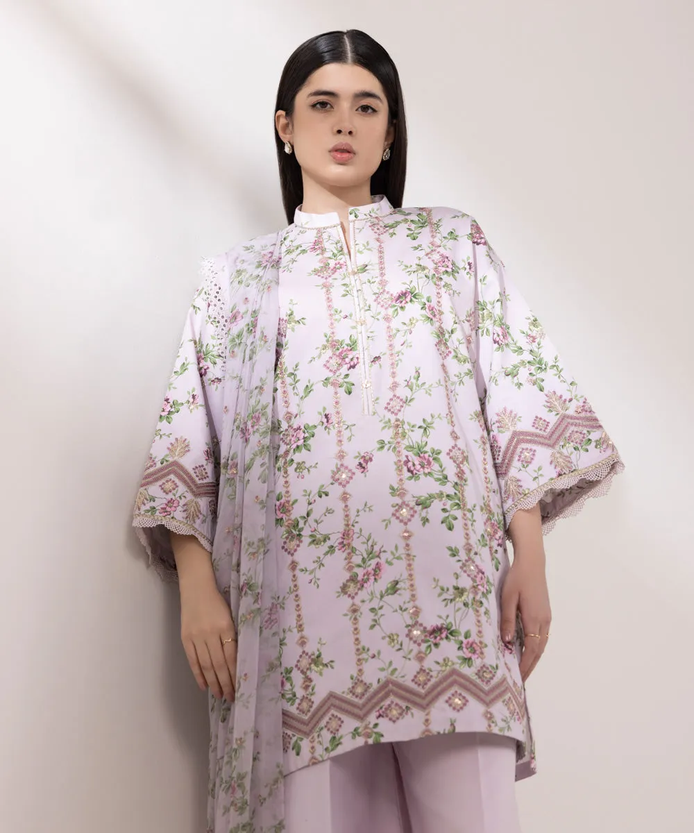 3 Piece - Embroidered Cotton Satin Suit