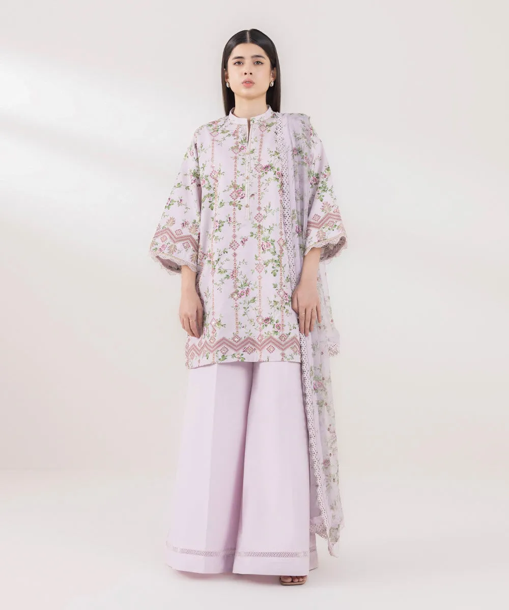 3 Piece - Embroidered Cotton Satin Suit