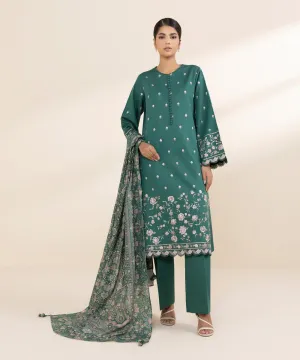 3 Piece - Embroidered Cotton Satin Suit