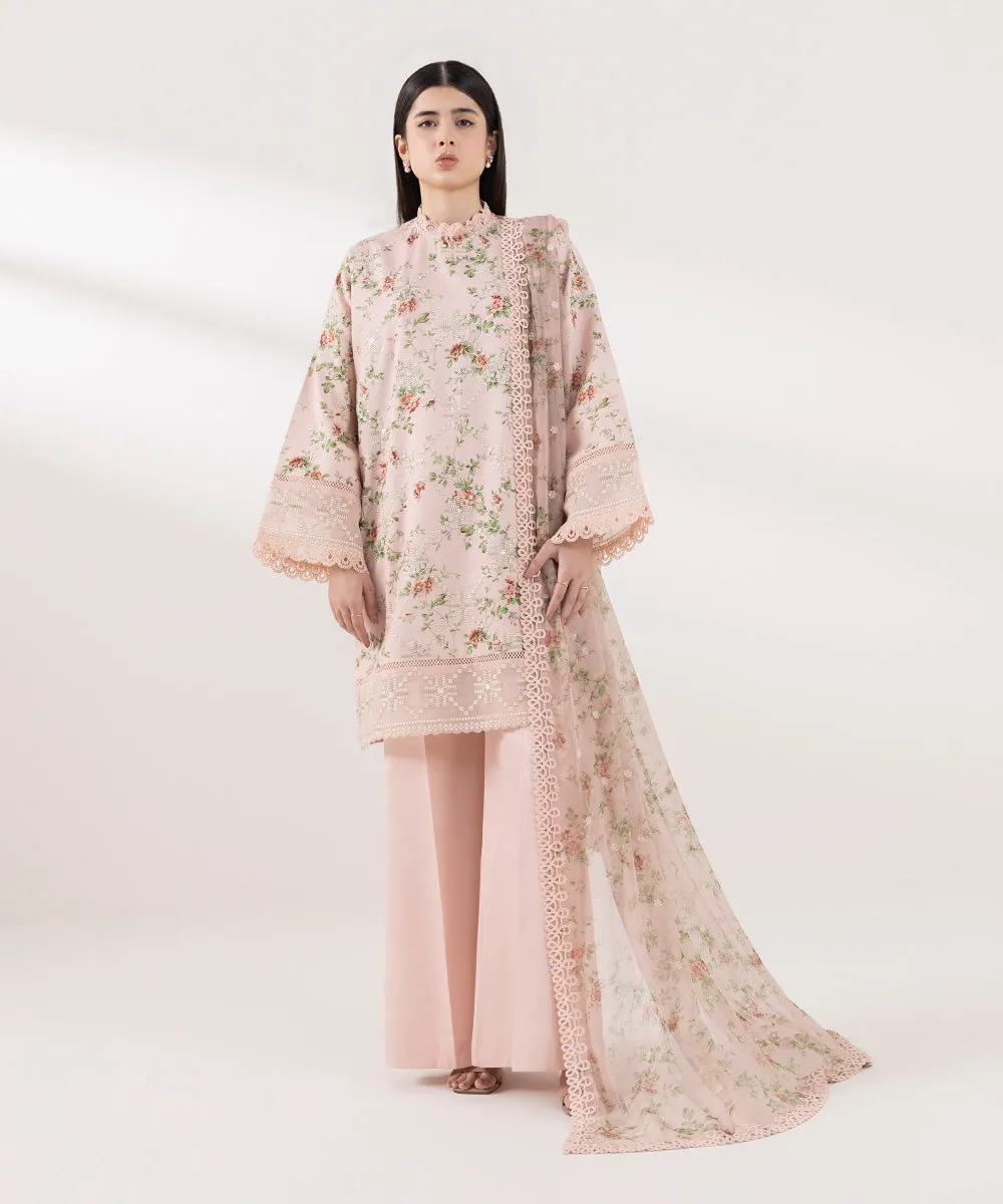 3 Piece - Embroidered Cotton Satin Suit