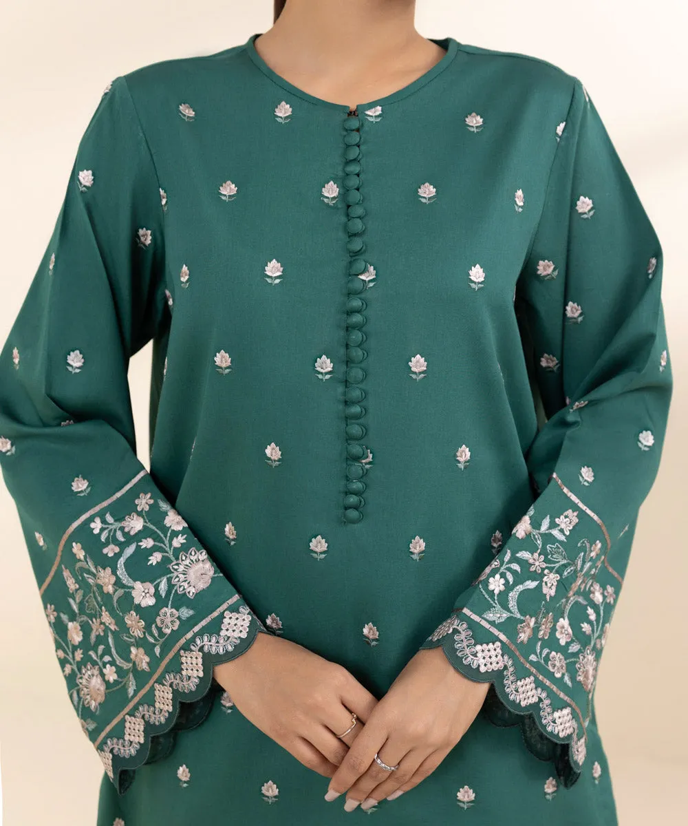 3 Piece - Embroidered Cotton Satin Suit