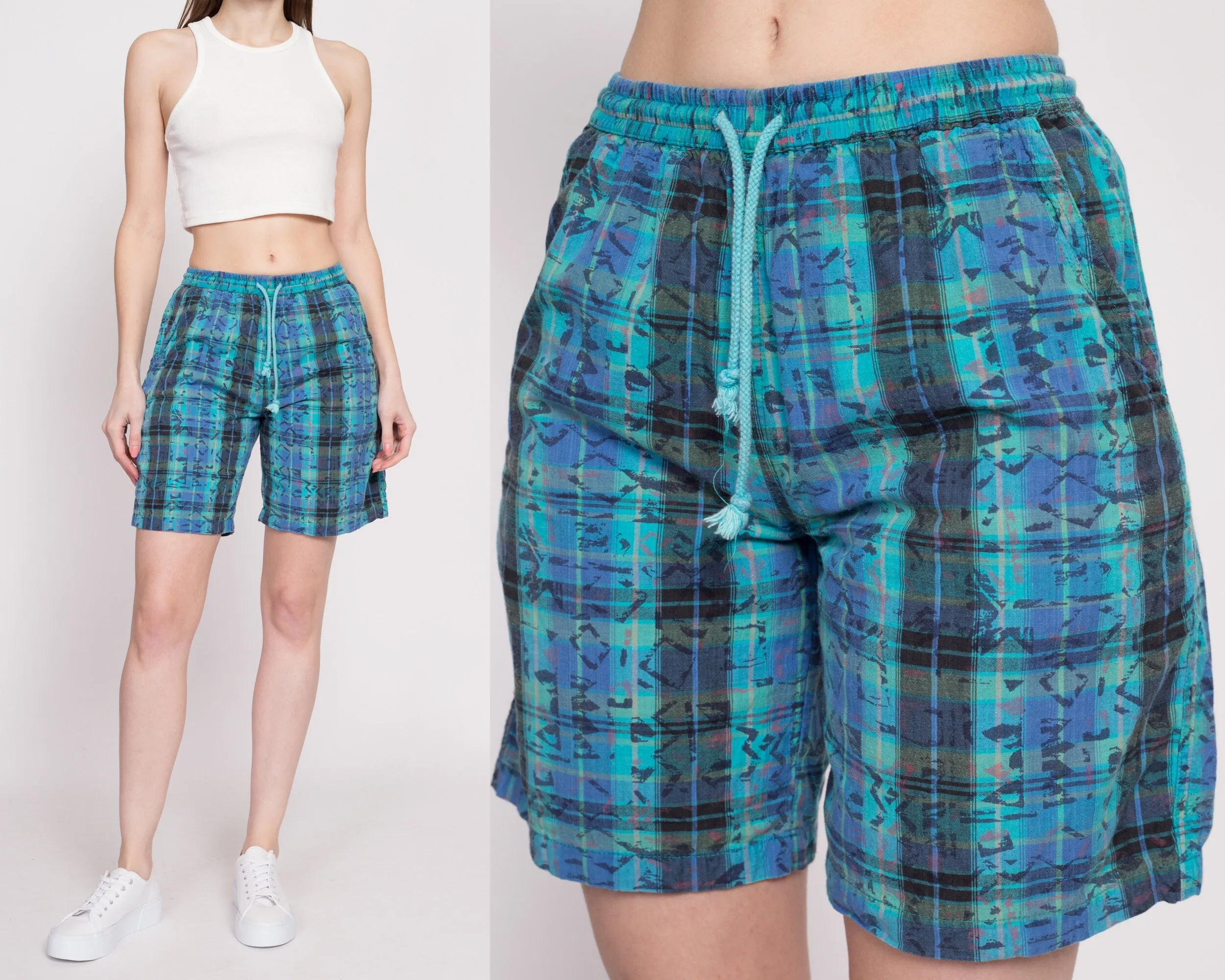 80s Plaid Cotton Board Shorts - Unisex Small