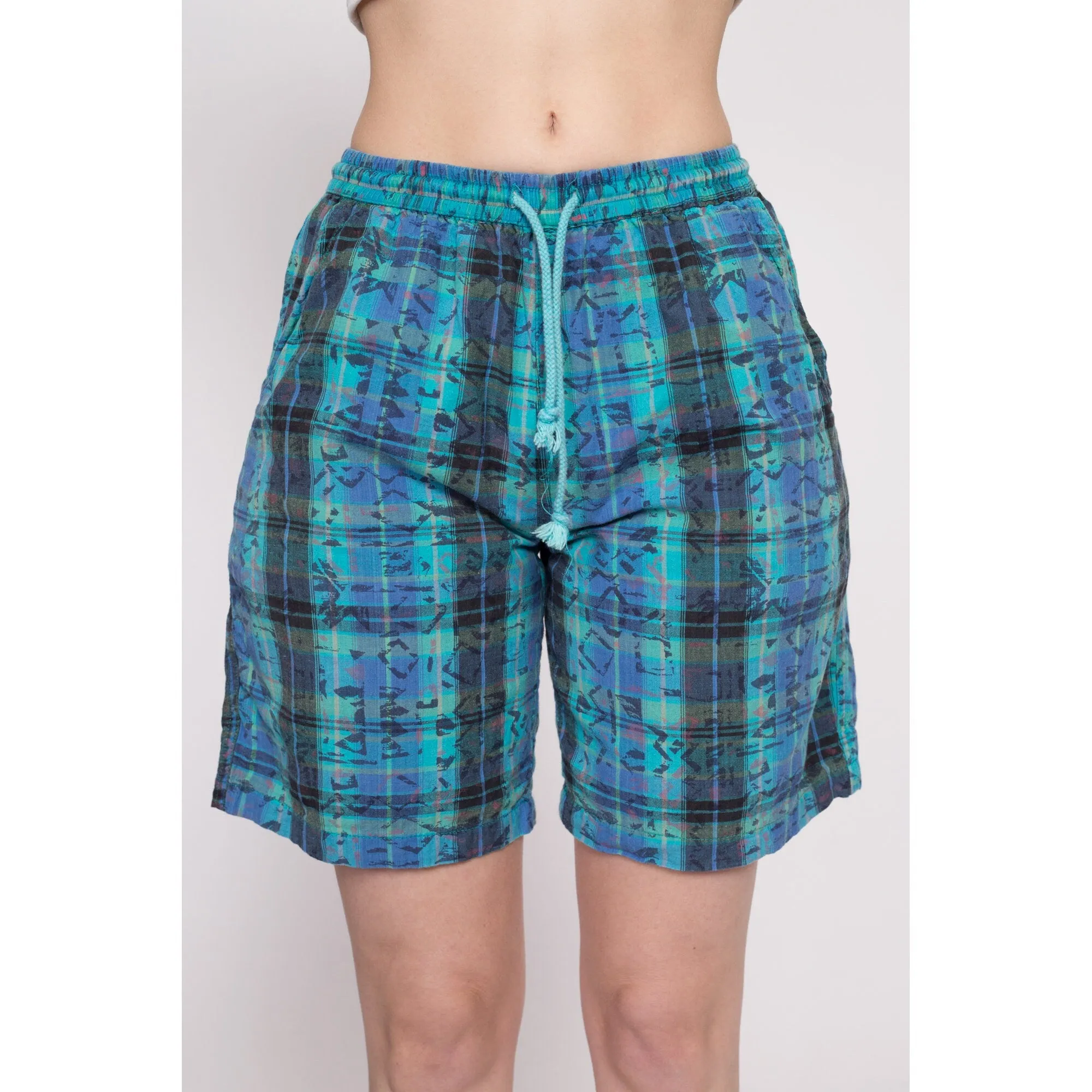 80s Plaid Cotton Board Shorts - Unisex Small