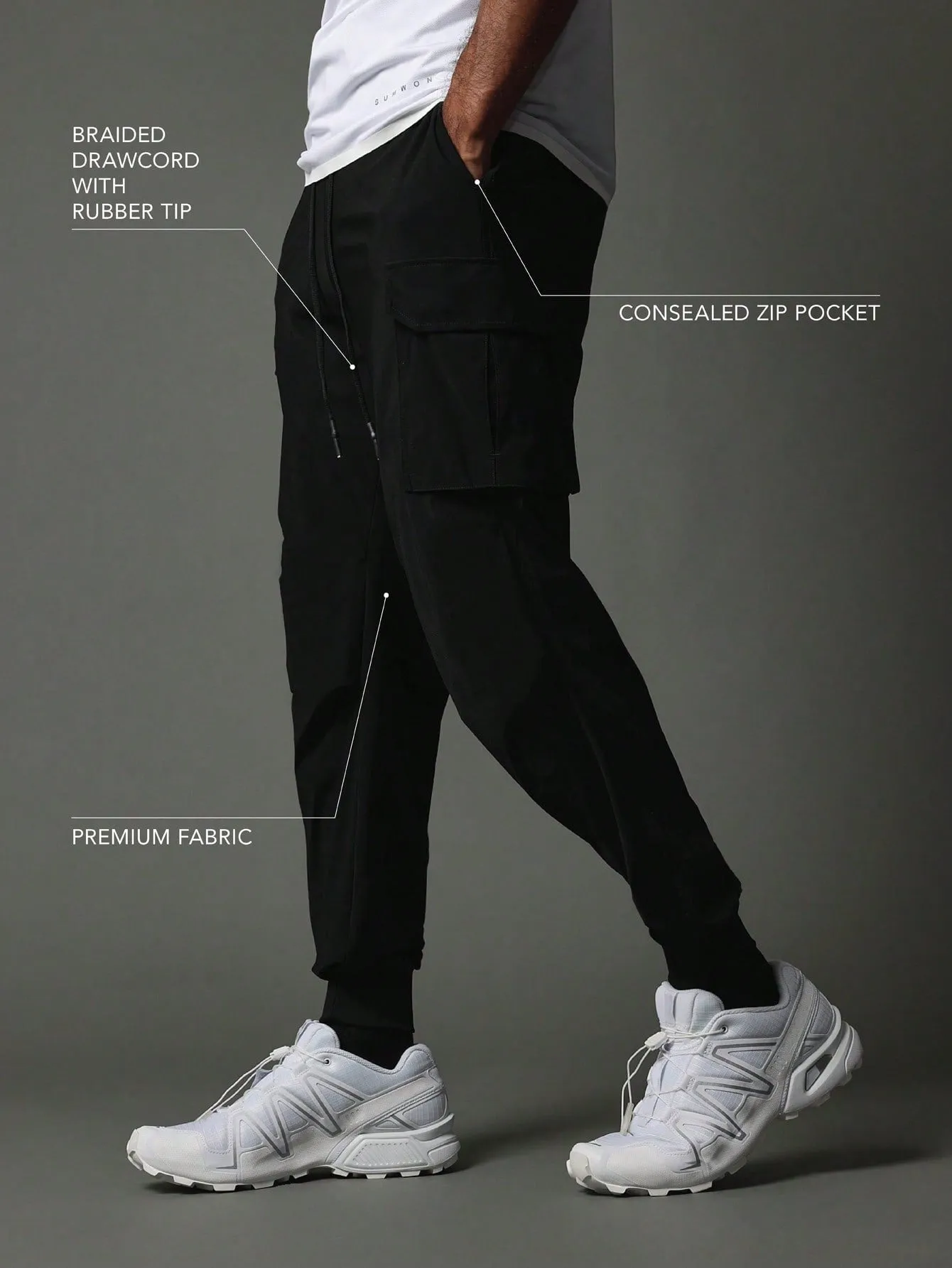 Activewear Comfort Premium Cargo Jogger With Reflective Print, Concealed Zip Pockets & Braided Drawcord With Rubber Tip