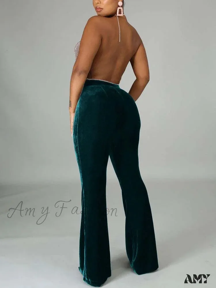 Amy Fashion - Velvet Velour Flared Bell Bottoms High Waist Pants