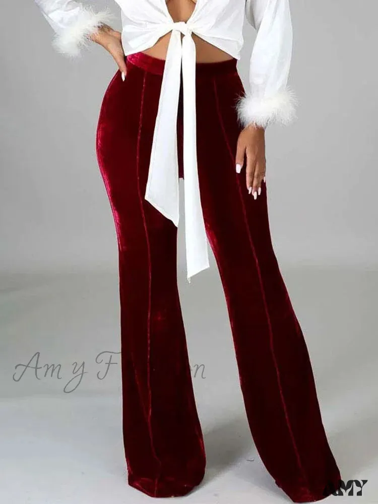 Amy Fashion - Velvet Velour Flared Bell Bottoms High Waist Pants