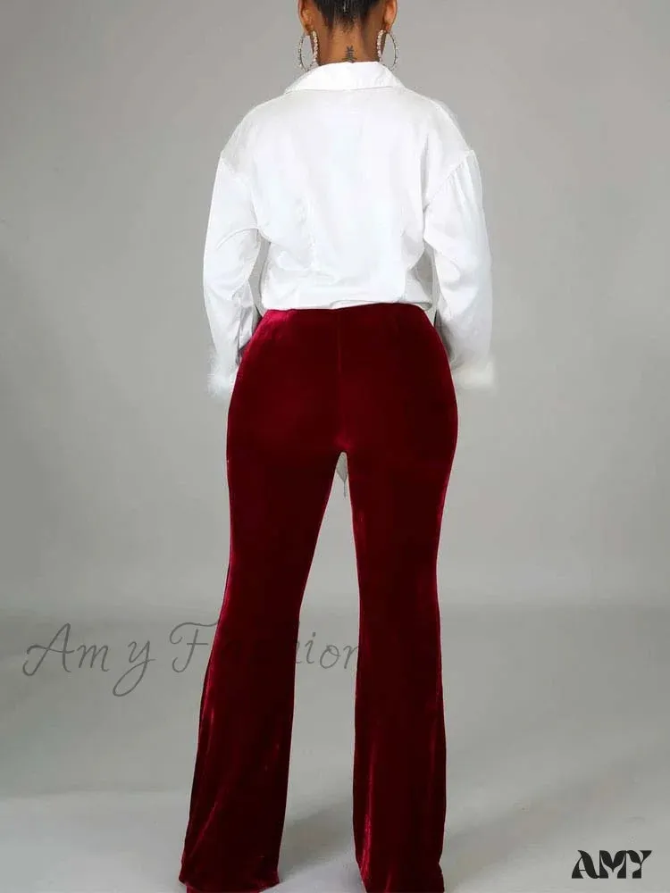 Amy Fashion - Velvet Velour Flared Bell Bottoms High Waist Pants