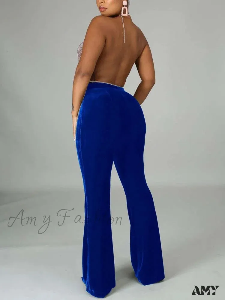 Amy Fashion - Velvet Velour Flared Bell Bottoms High Waist Pants