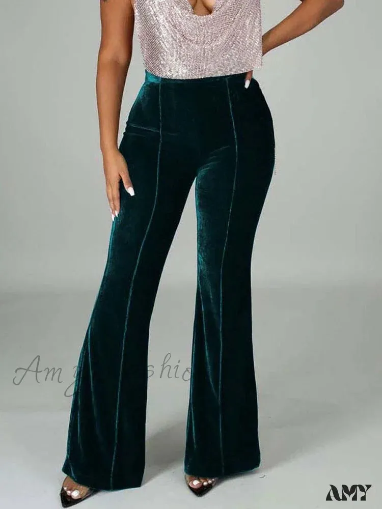 Amy Fashion - Velvet Velour Flared Bell Bottoms High Waist Pants