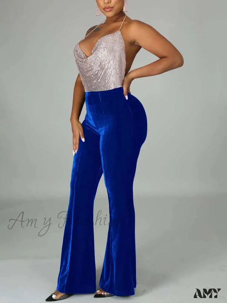 Amy Fashion - Velvet Velour Flared Bell Bottoms High Waist Pants