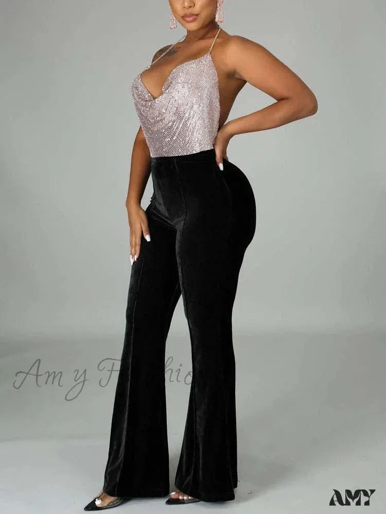 Amy Fashion - Velvet Velour Flared Bell Bottoms High Waist Pants