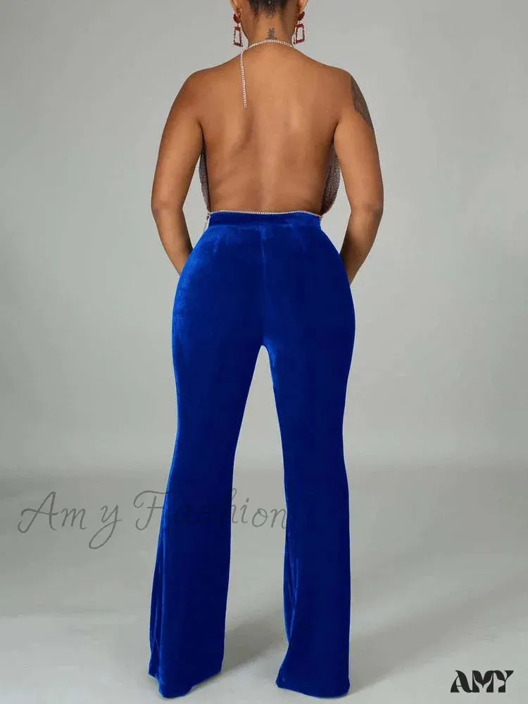 Amy Fashion - Velvet Velour Flared Bell Bottoms High Waist Pants