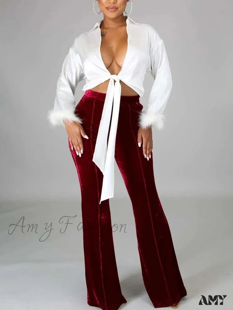 Amy Fashion - Velvet Velour Flared Bell Bottoms High Waist Pants