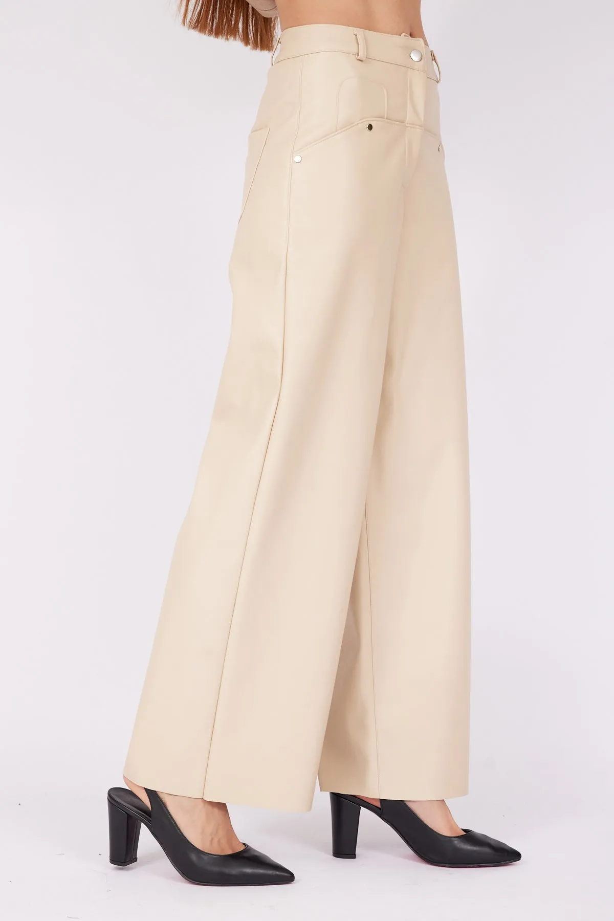 BEIGE LEATHER DESIGN TROUSERS