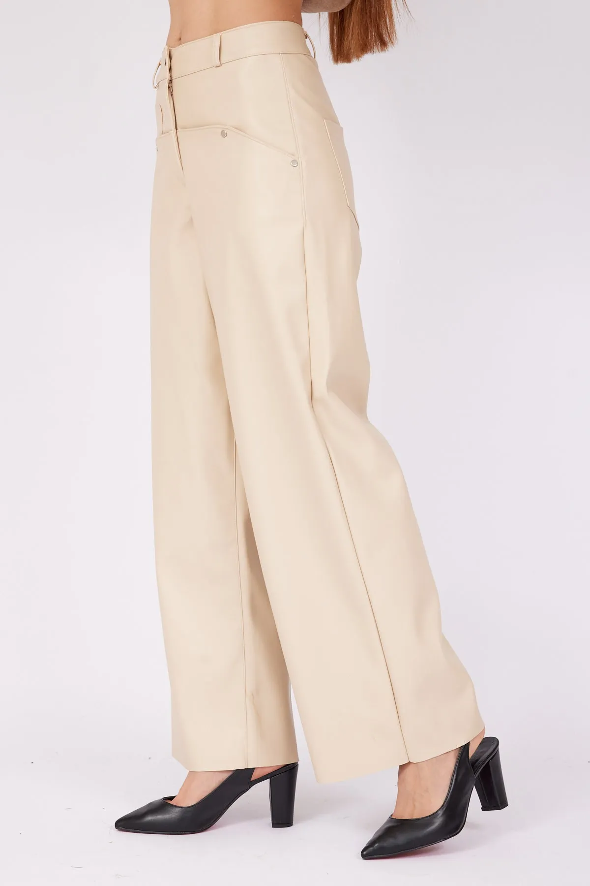 BEIGE LEATHER DESIGN TROUSERS