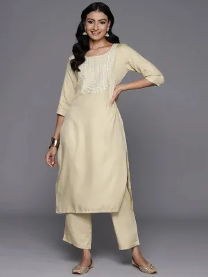 Beige Yoke Design Wool Blend Straight Kurta Set