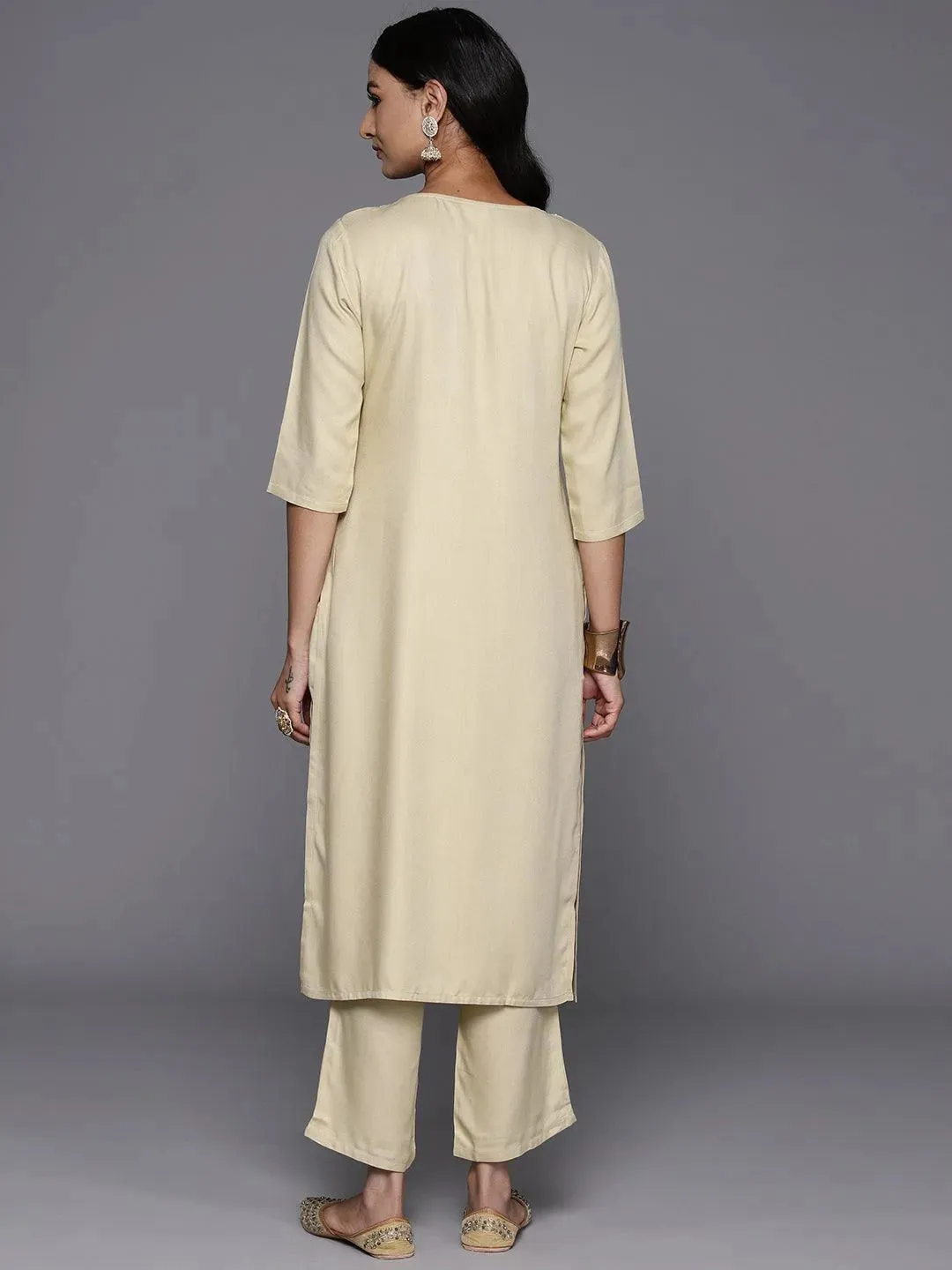 Beige Yoke Design Wool Blend Straight Kurta Set