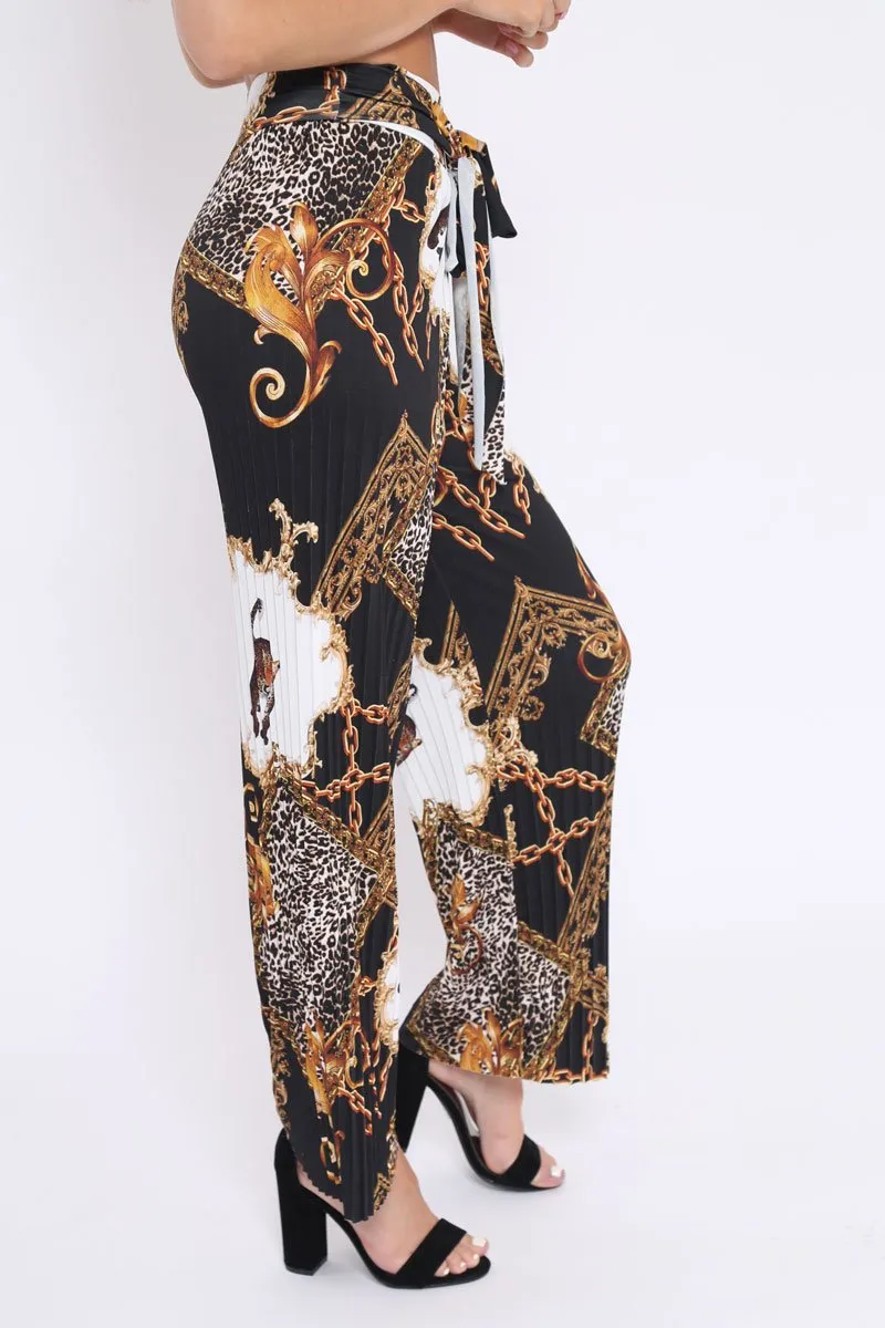 Black Chain Leopard Pleated Wide Leg Trousers - Bess