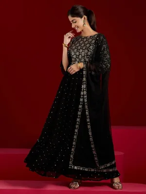 Black Embroidered Georgette Anarkali Suit With Dupatta