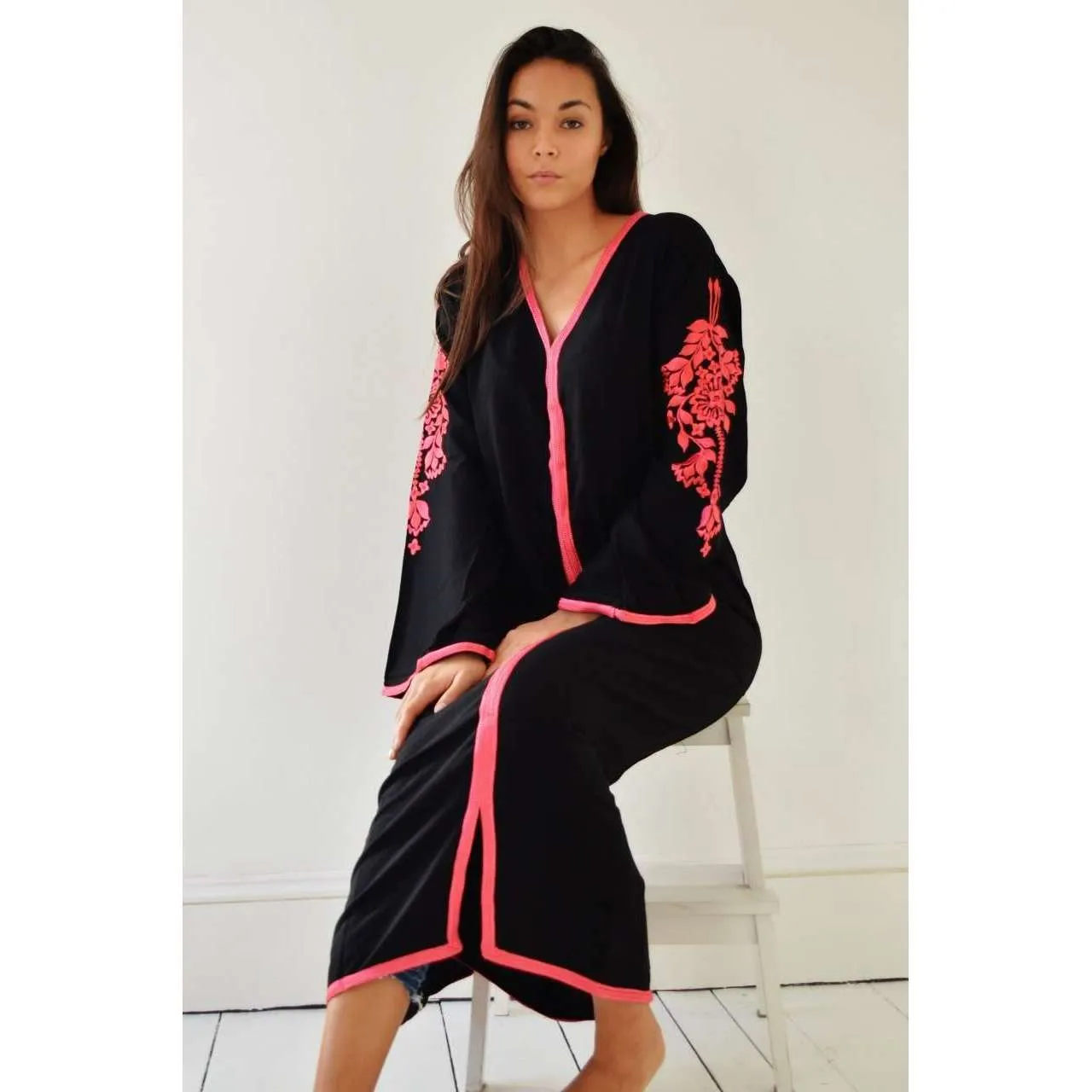 Black Floral Moroccan Embroidery Kaftan- Rose