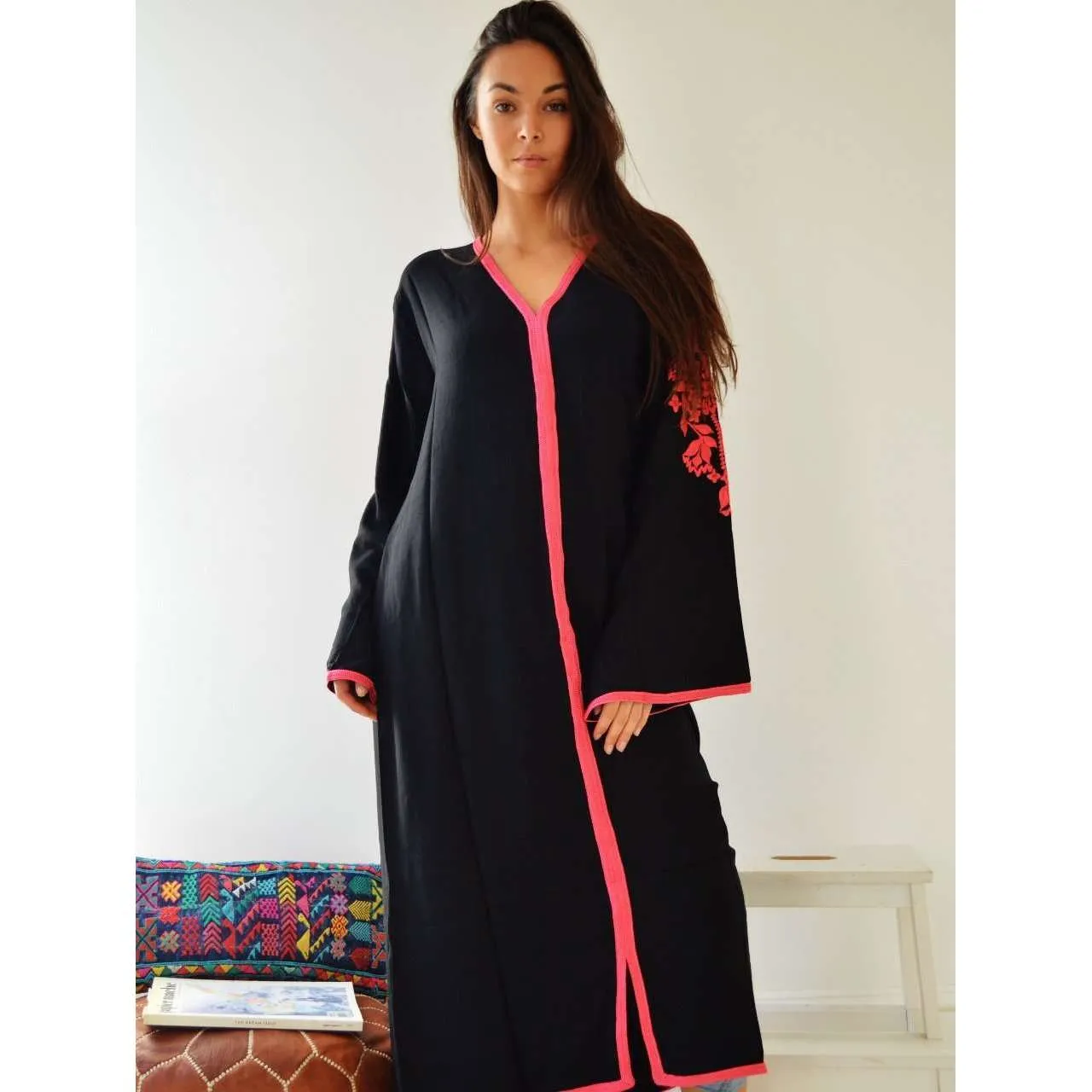 Black Floral Moroccan Embroidery Kaftan- Rose