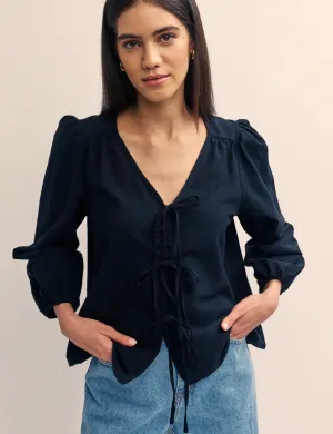 Black Linen-Blend Tie Front Bernadetta Blouse