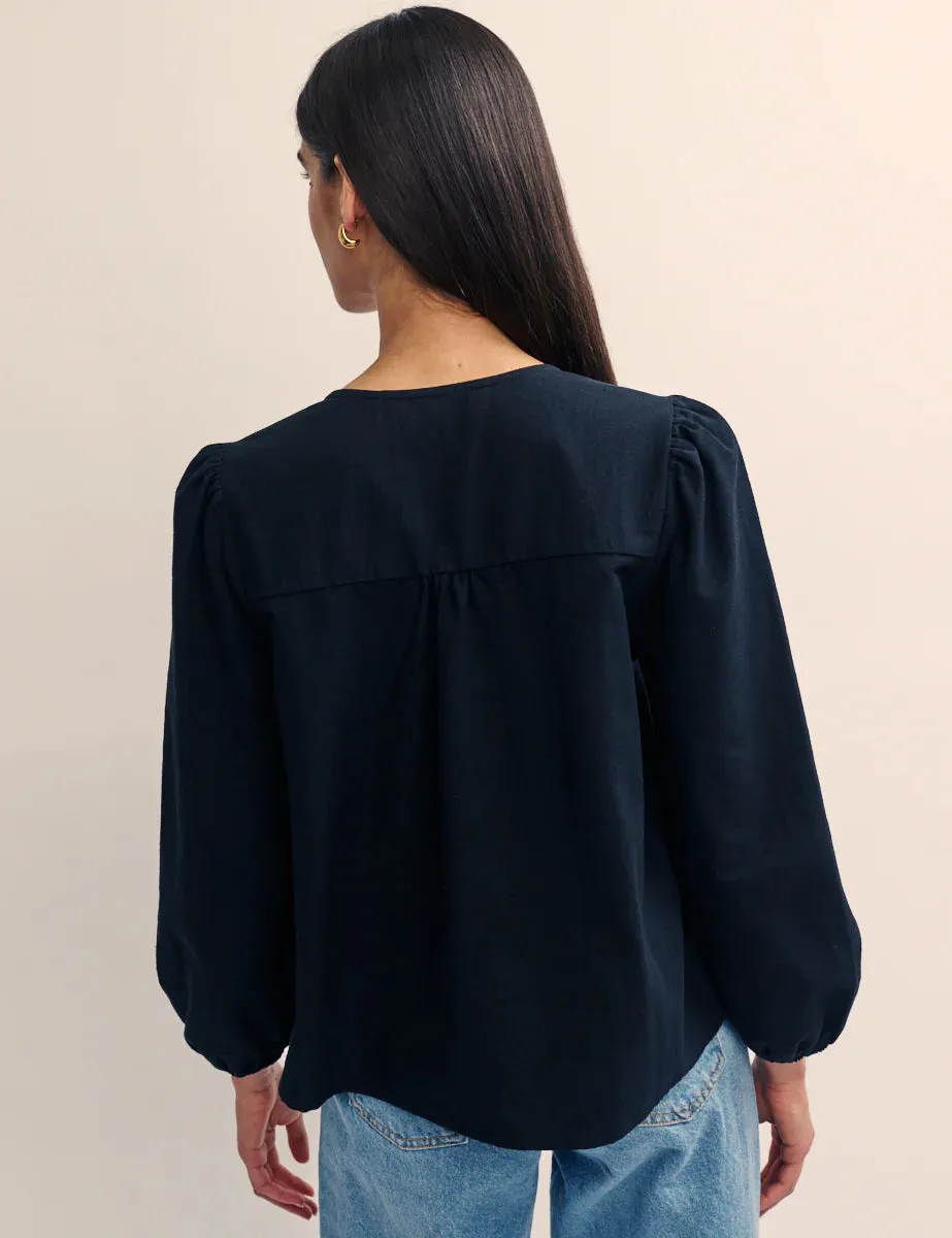 Black Linen-Blend Tie Front Bernadetta Blouse