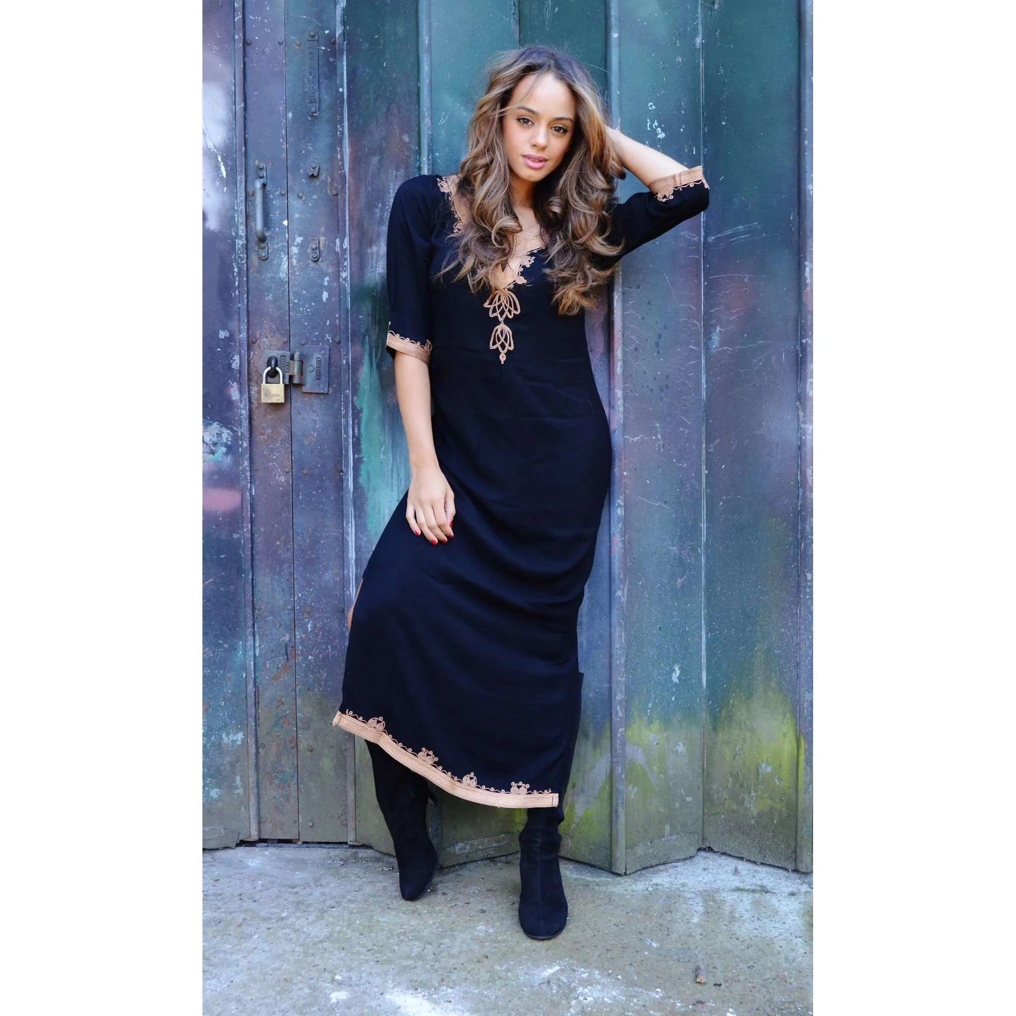 Black Marrakech Kaftan with Dark Golden Embroidery Kalina Style-Long Kaftan