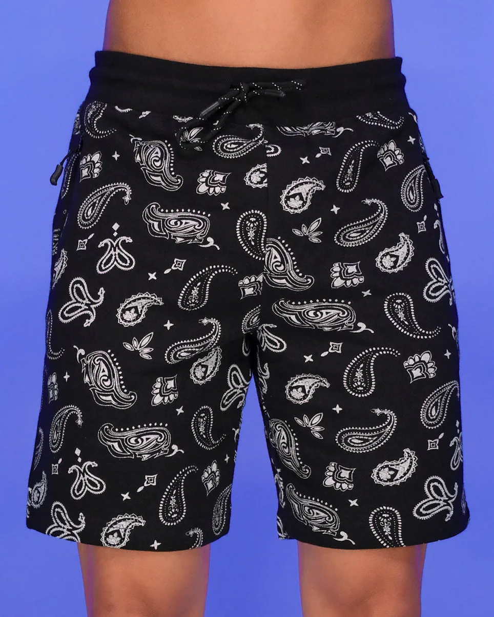 Black Paisley Fleece Shorts