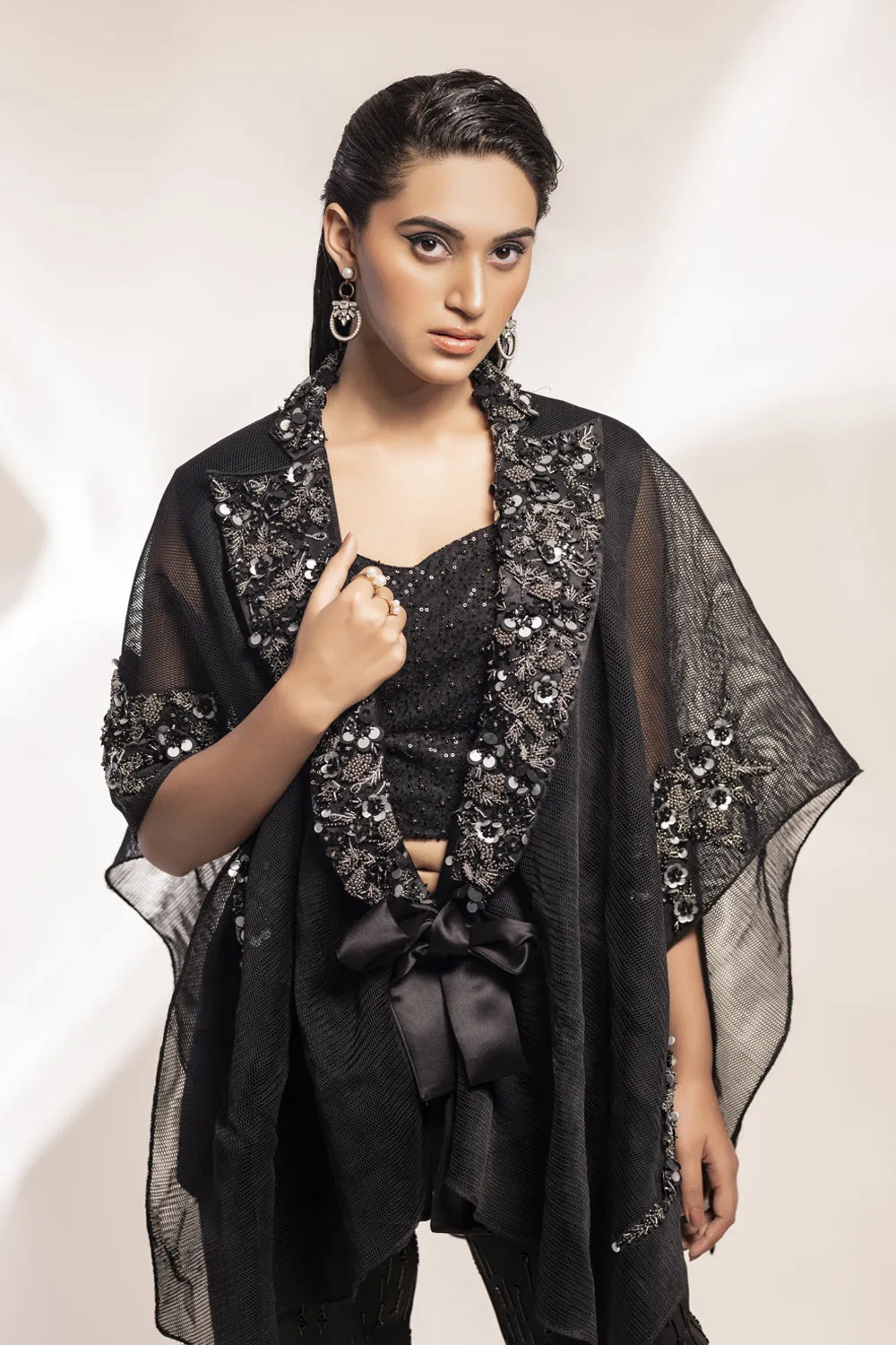 Black Scuba Mesh Kaftan Jacket