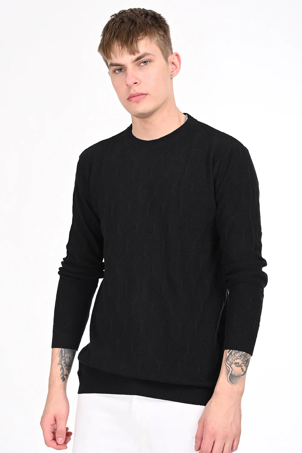 Black Textured Regular Fit Sweater