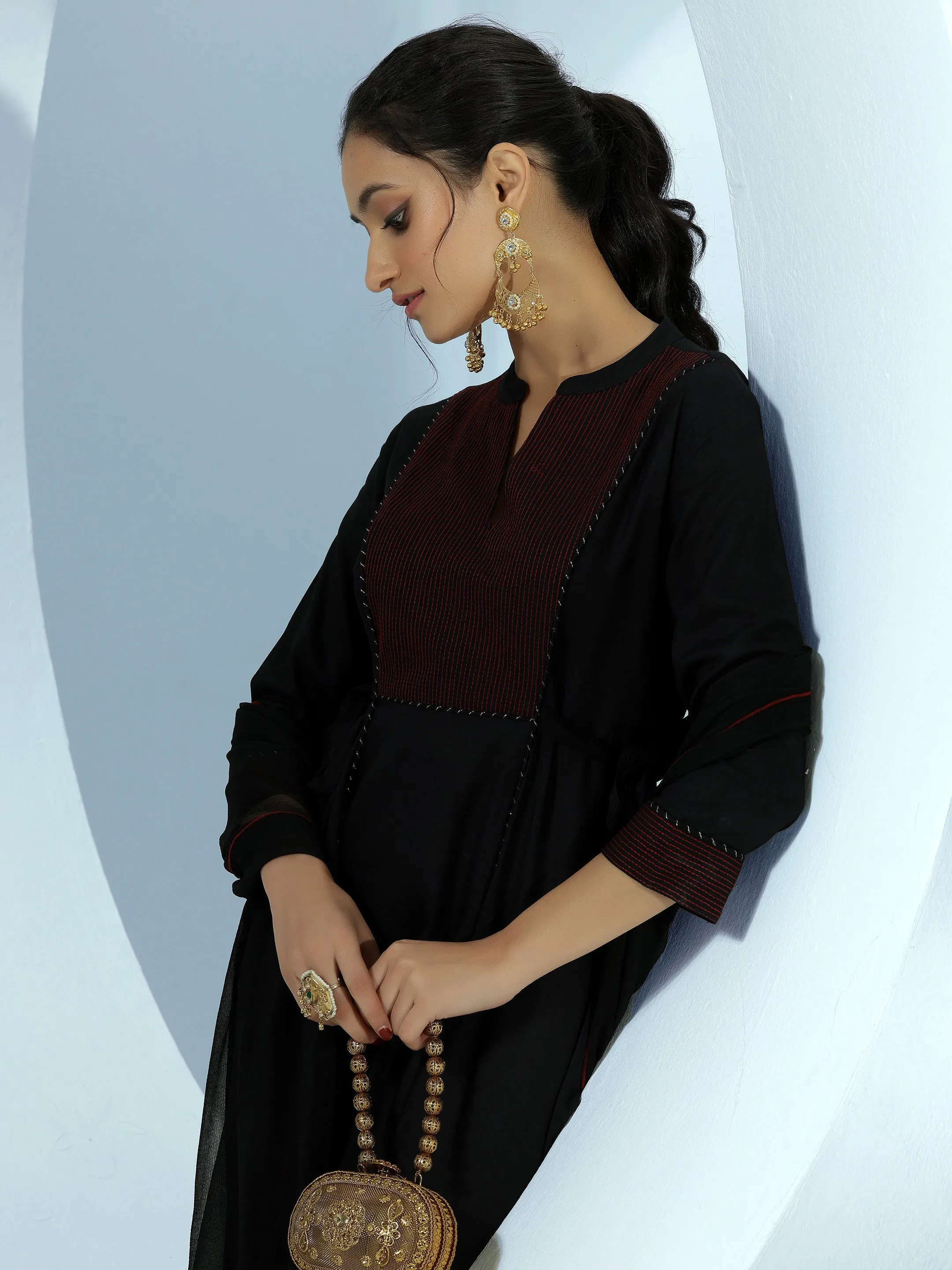 Black Yoke Design Cotton A-Line Kurta With Trousers & Dupatta