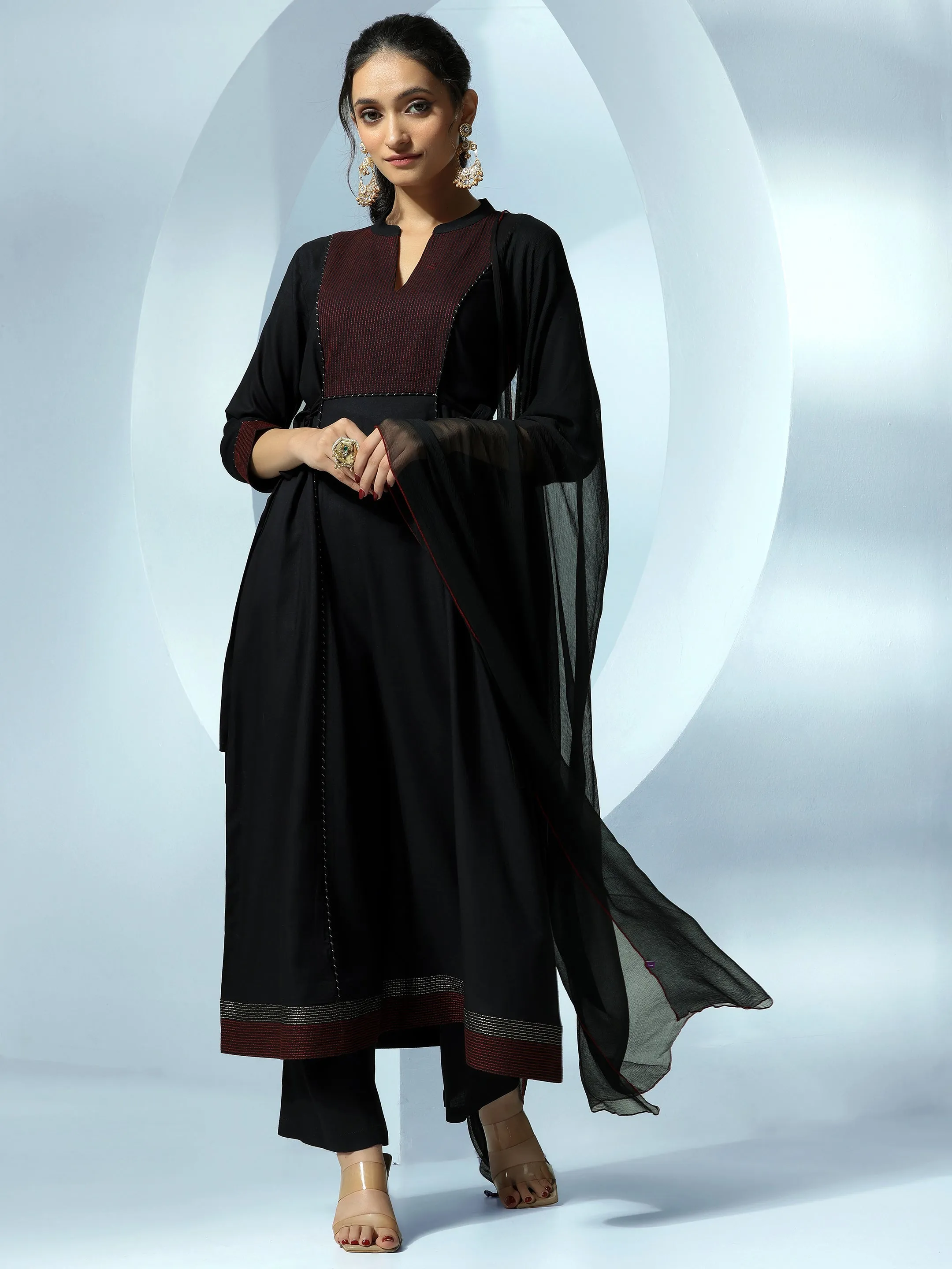 Black Yoke Design Cotton A-Line Kurta With Trousers & Dupatta