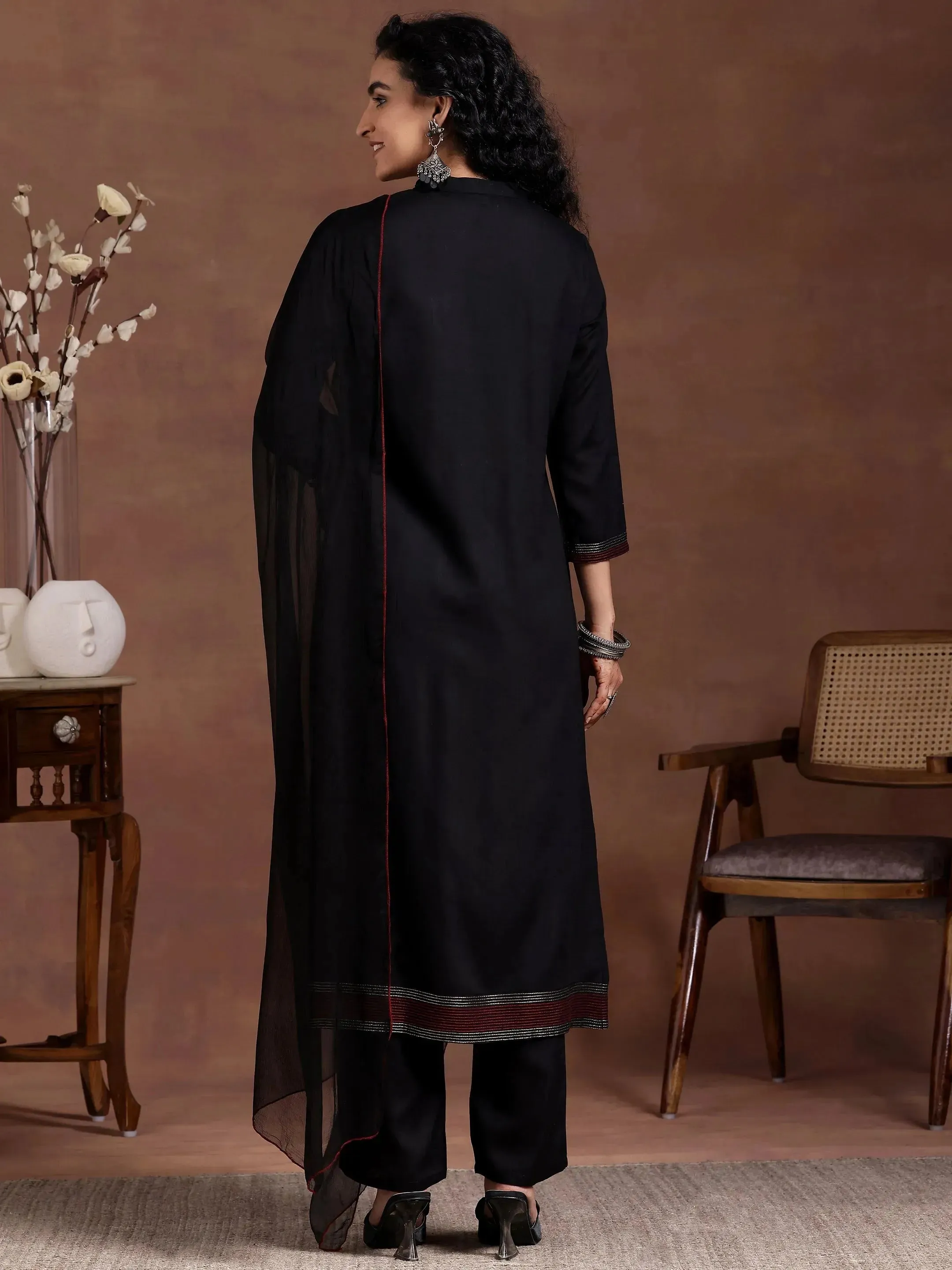 Black Yoke Design Cotton Straight Suit With Dupatta