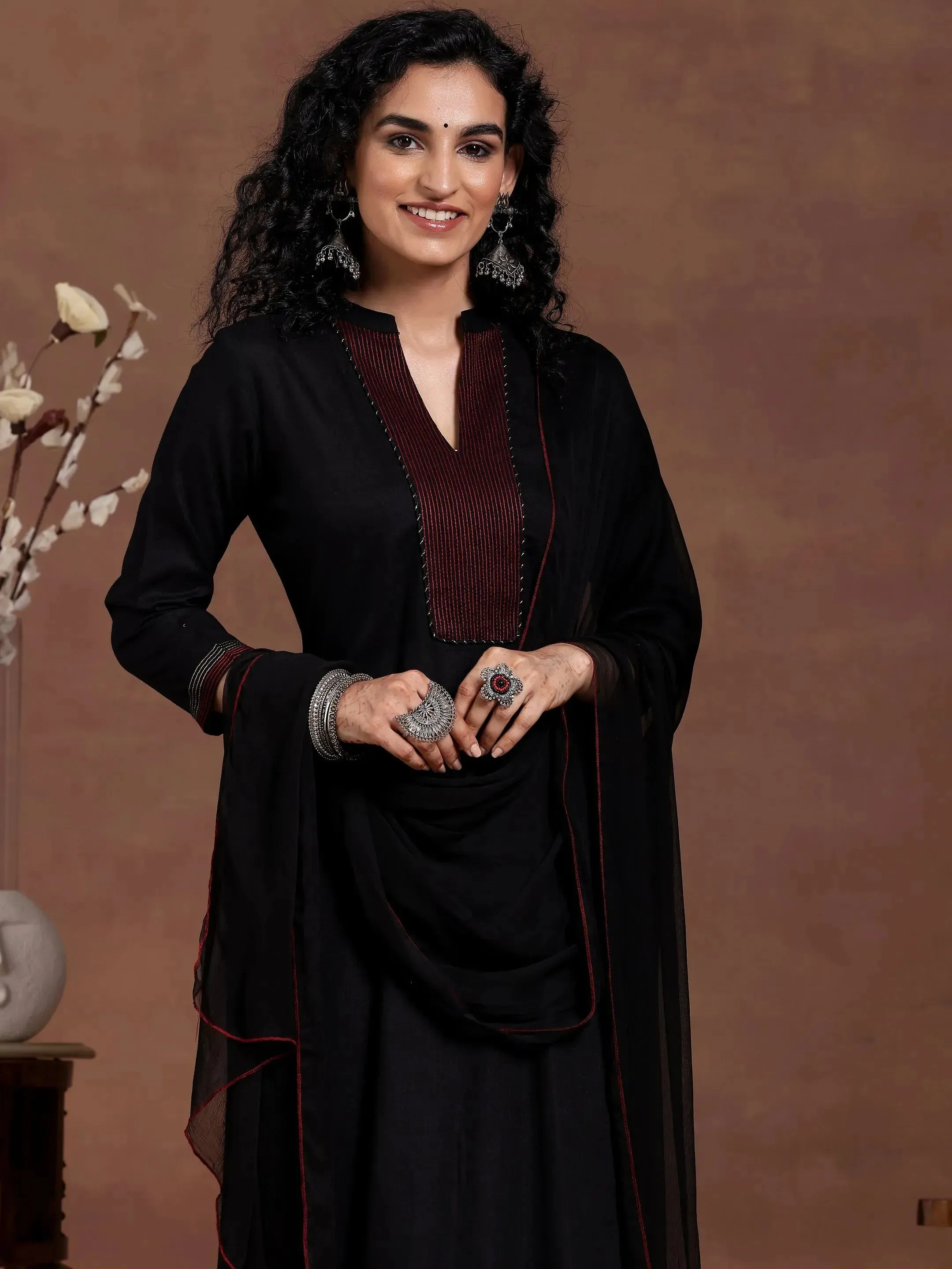 Black Yoke Design Cotton Straight Suit With Dupatta