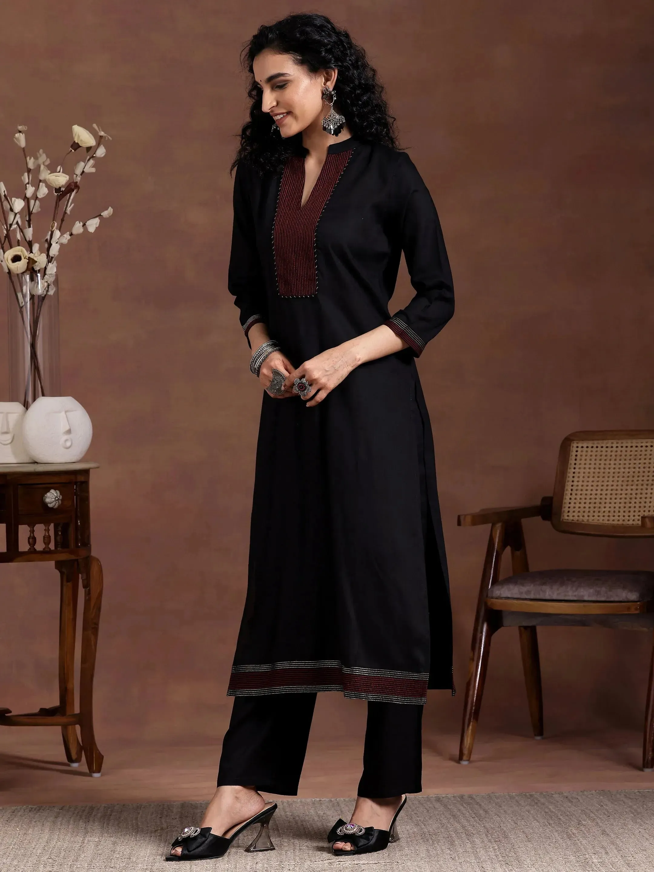 Black Yoke Design Cotton Straight Suit With Dupatta