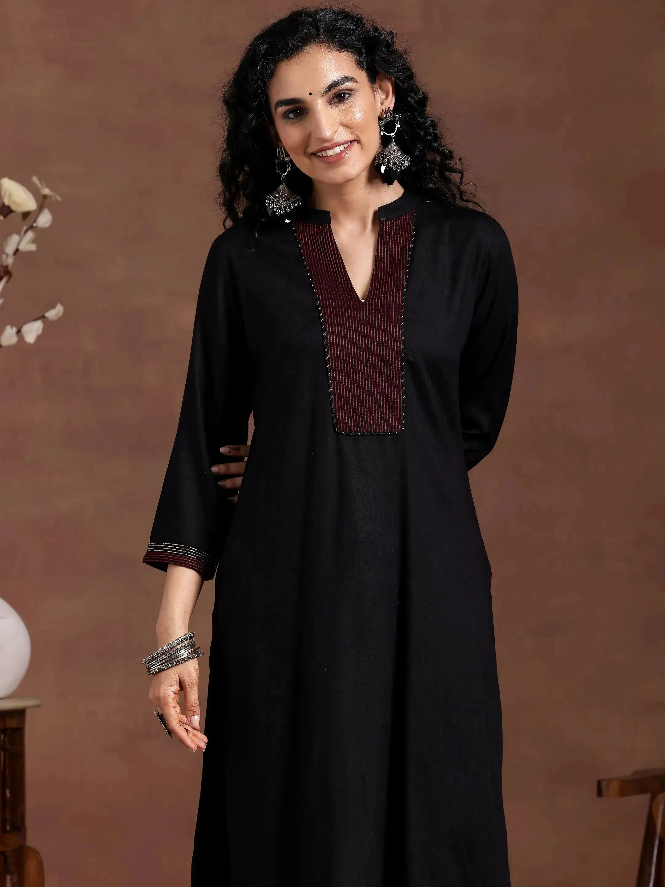 Black Yoke Design Cotton Straight Suit With Dupatta