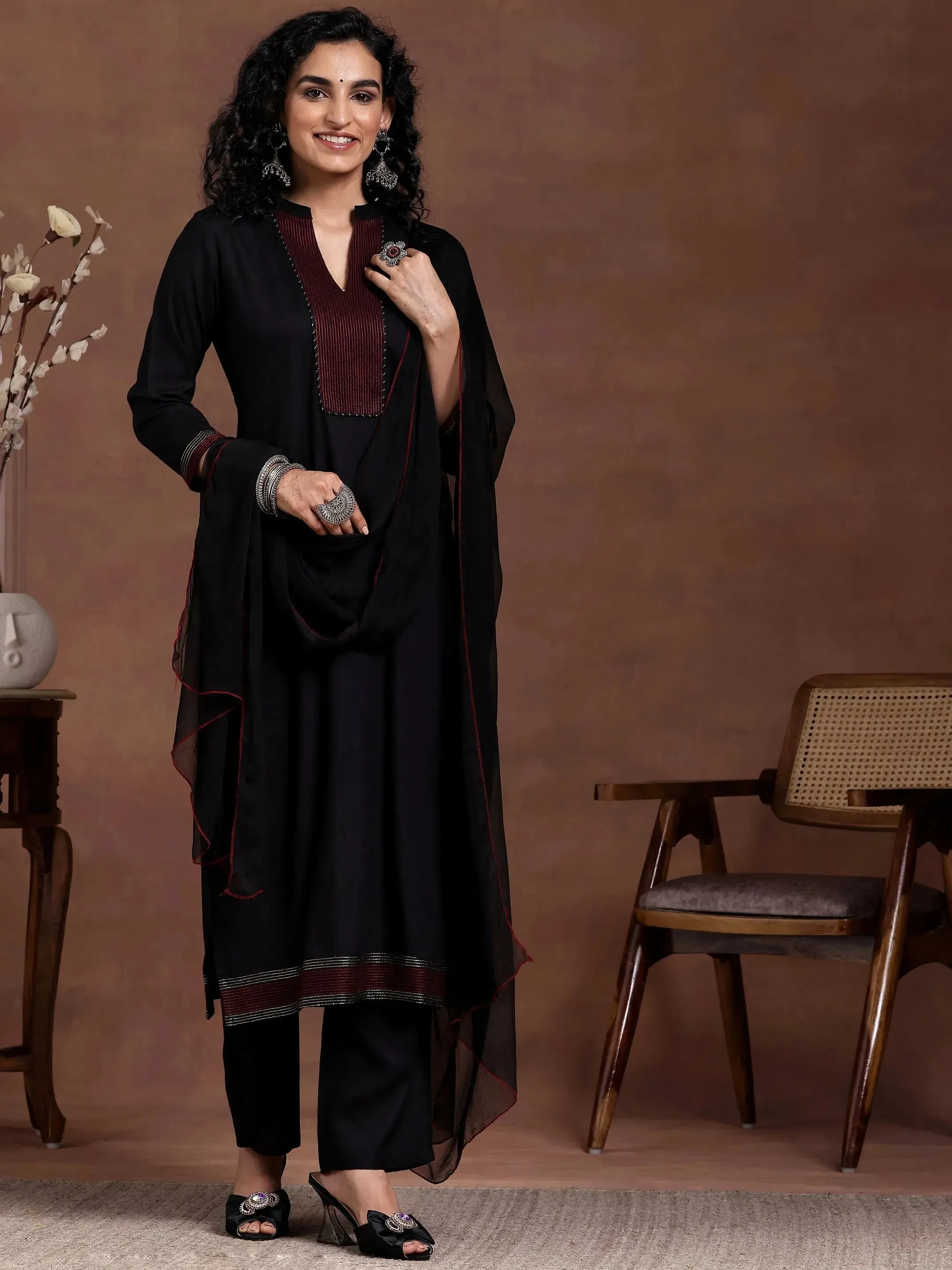 Black Yoke Design Cotton Straight Suit With Dupatta