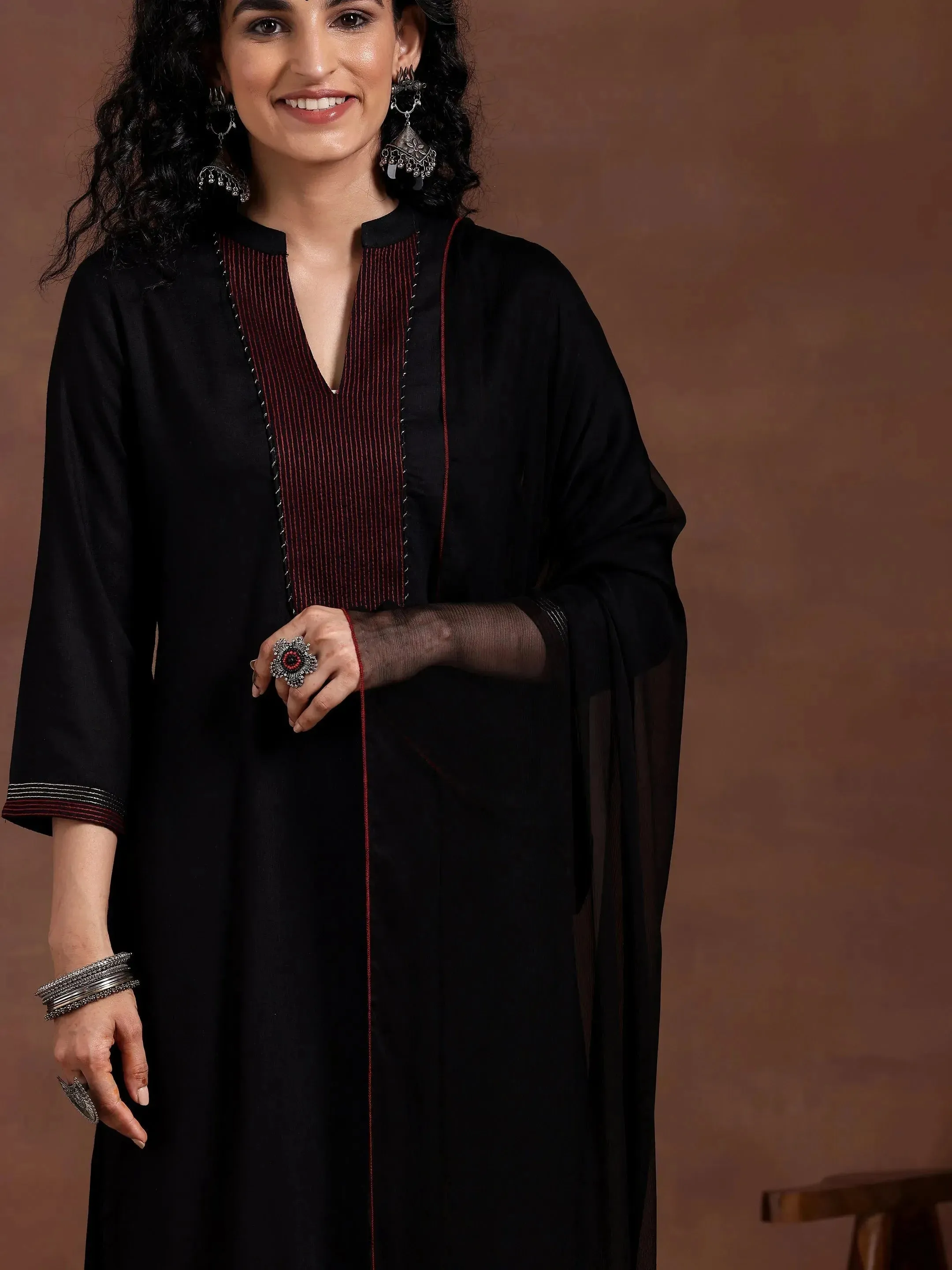 Black Yoke Design Cotton Straight Suit With Dupatta