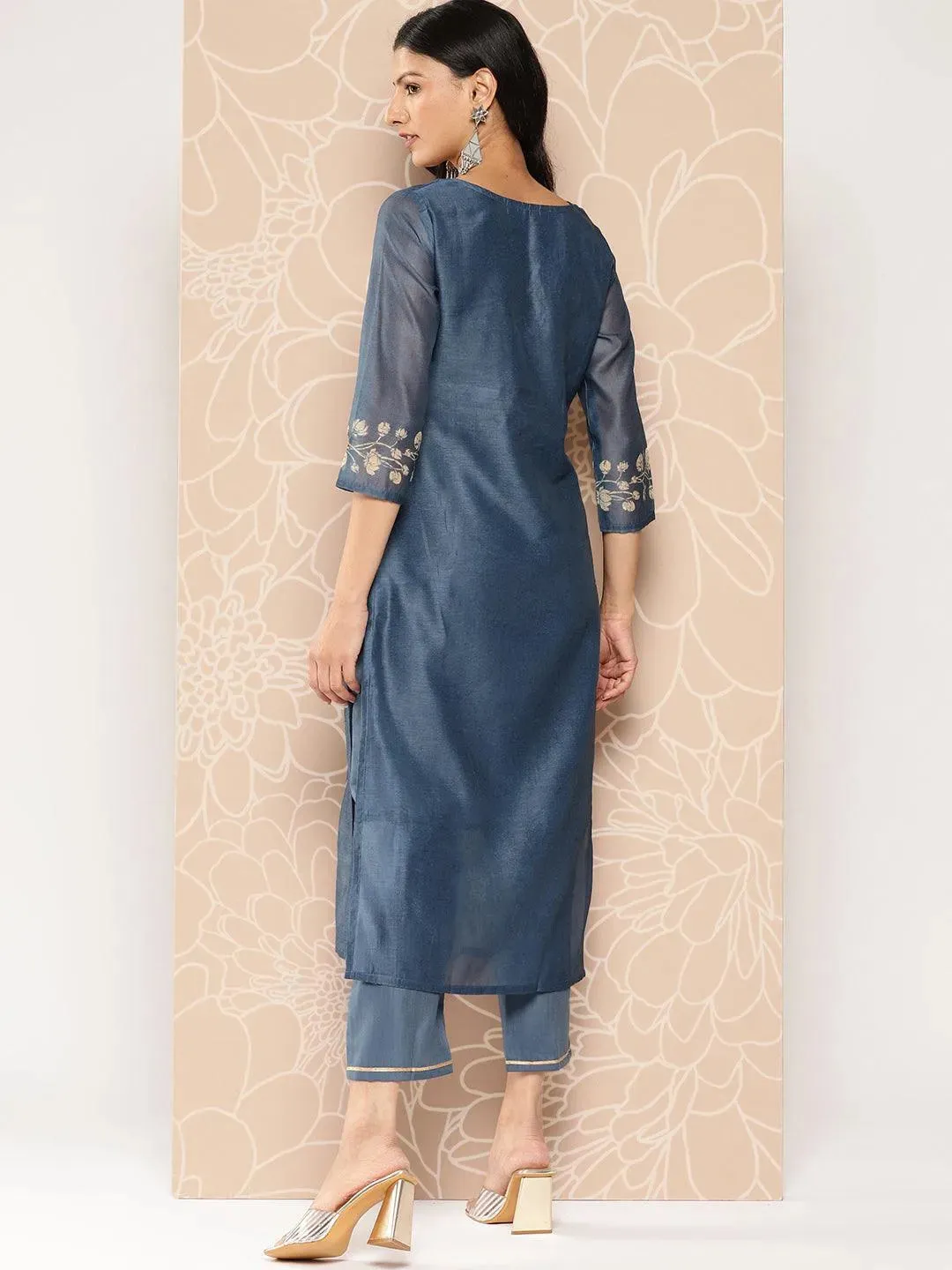 Blue Embroidered Chanderi Silk Straight Kurta With Trousers