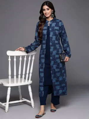 Blue Printed Wool Blend Straight Kurta Set