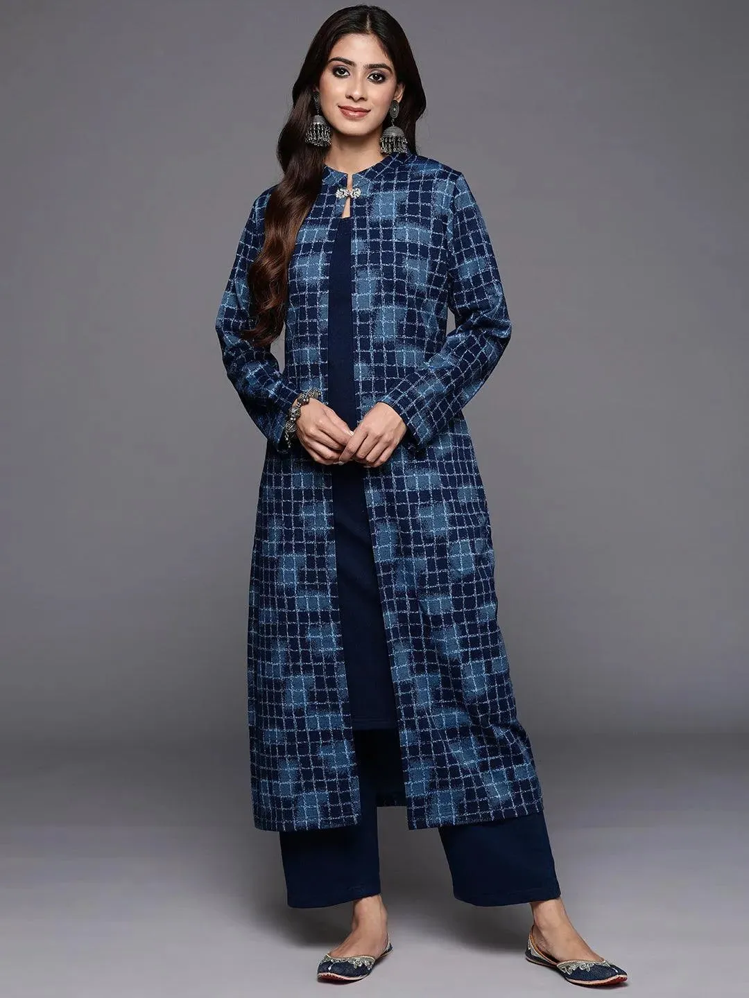 Blue Printed Wool Blend Straight Kurta Set