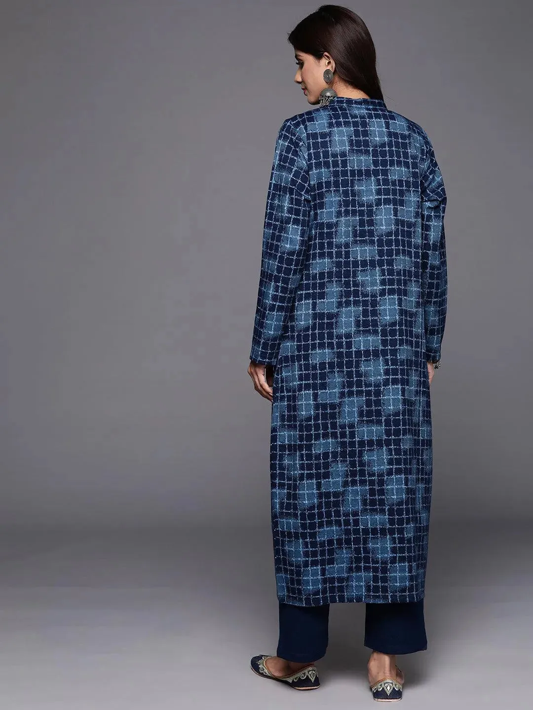 Blue Printed Wool Blend Straight Kurta Set