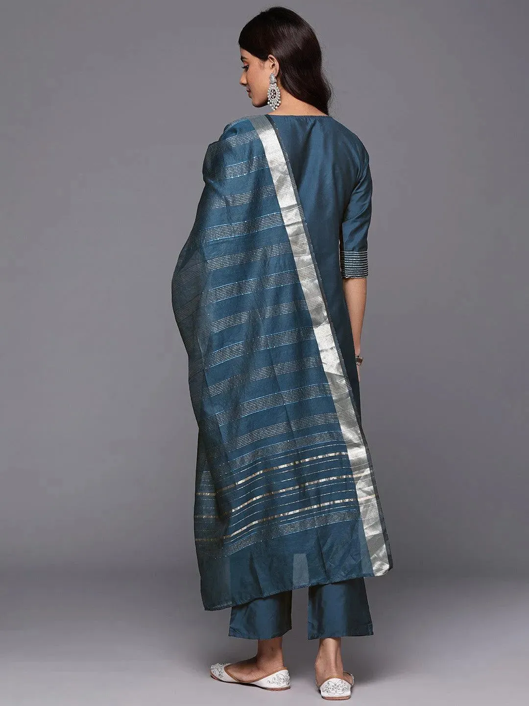 Blue Solid Silk Blend Straight Suit With Dupatta