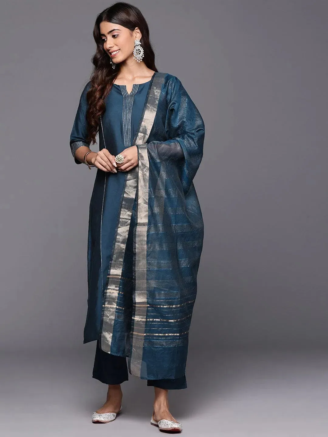 Blue Solid Silk Blend Straight Suit With Dupatta