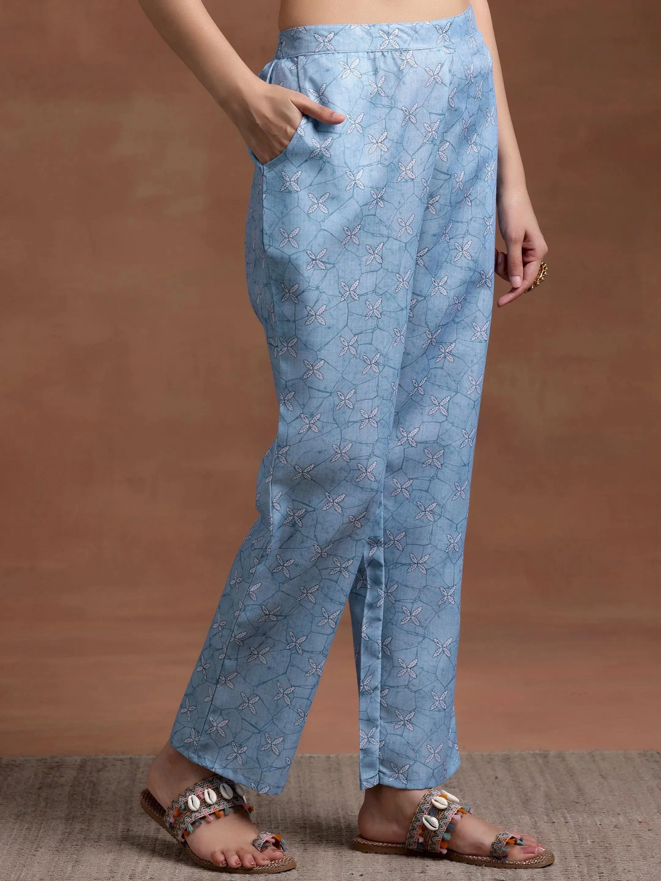 Blue Yoke Design Cotton Straight Suit With Dupatta