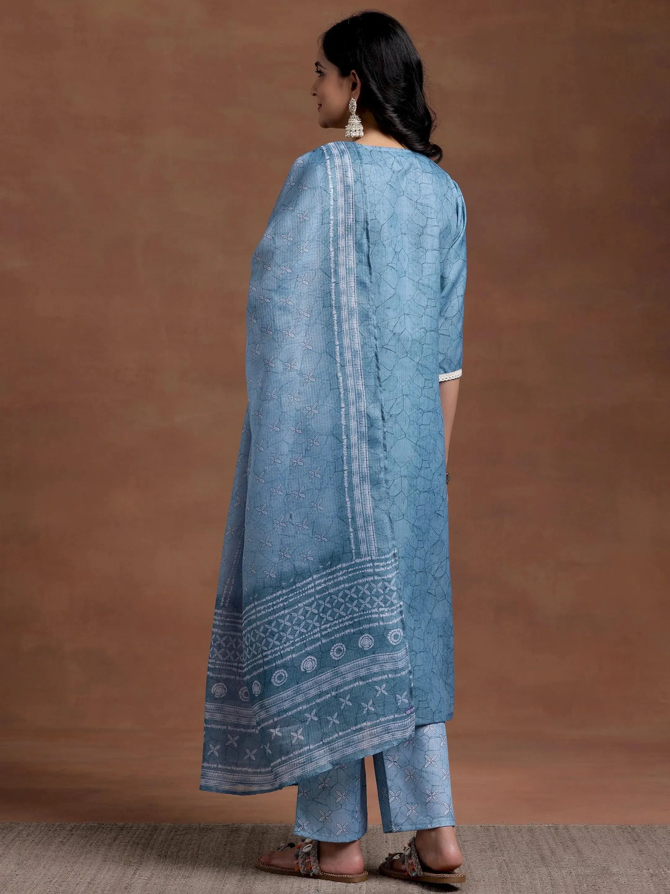 Blue Yoke Design Cotton Straight Suit With Dupatta